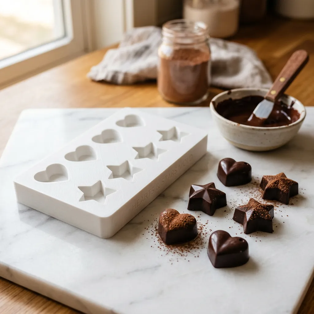 3D printed mold tray next to chocolate castings in heart and star shapes