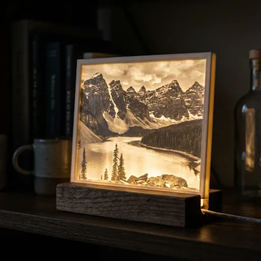3D printed lithophane panel glowing with warm backlight showing a landscape scene